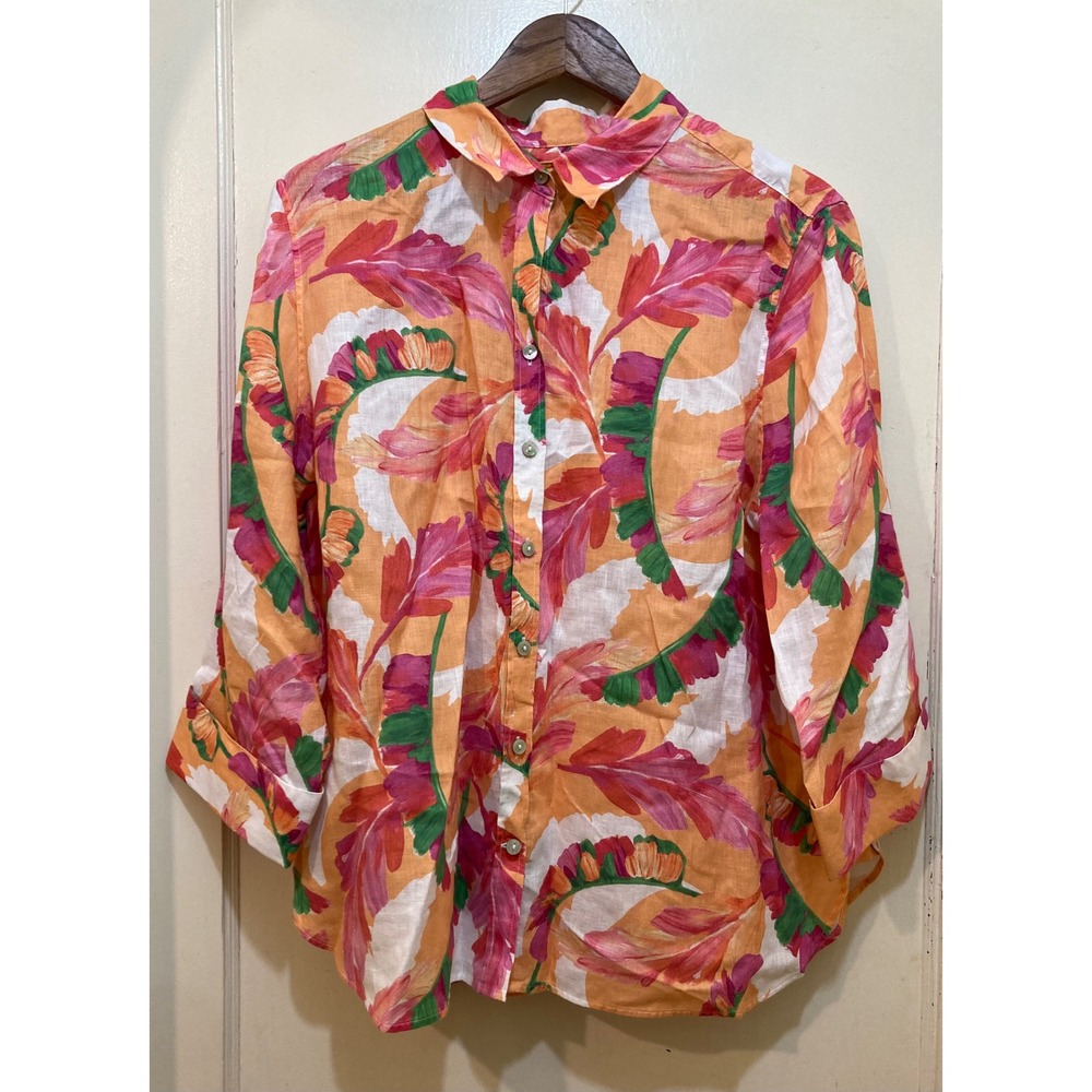 Chicos 100% Linen Button Down Shirt 3 XL 16 Orange‎ Tropical Leaf Coastal Resort